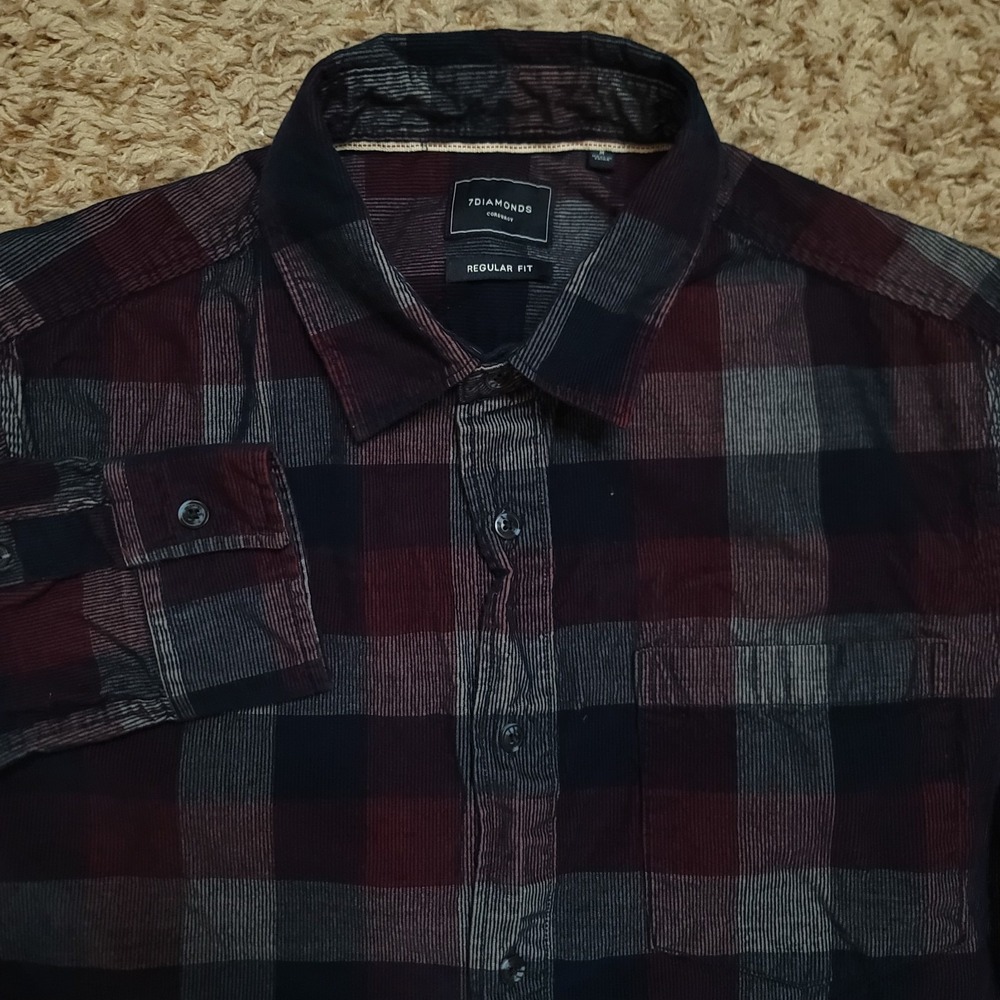 7 Diamonds Corduroy Plaid Men Sz M Regular Fit Long Sleeve Button Up